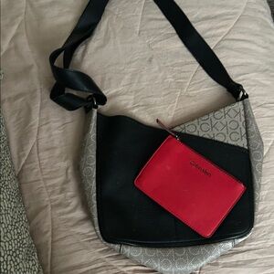 Calvin Klein Black and Gray Shoulder Bag with Red Accent